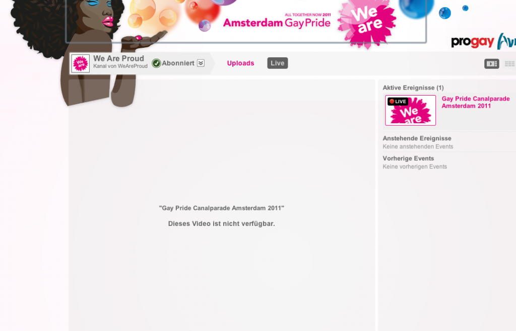Live Stream-Video nicht verfügbar, Amsterdam Gay Pride, You Tube Channel-Screenshoot