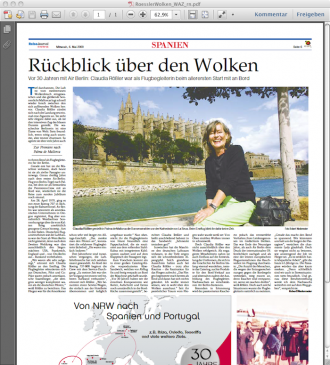Screenshot WAZ Reise Journal Artikel: Claudia Rößler, längjährige Flugbegleiterin beim Flugunternehmen Air Berlin
