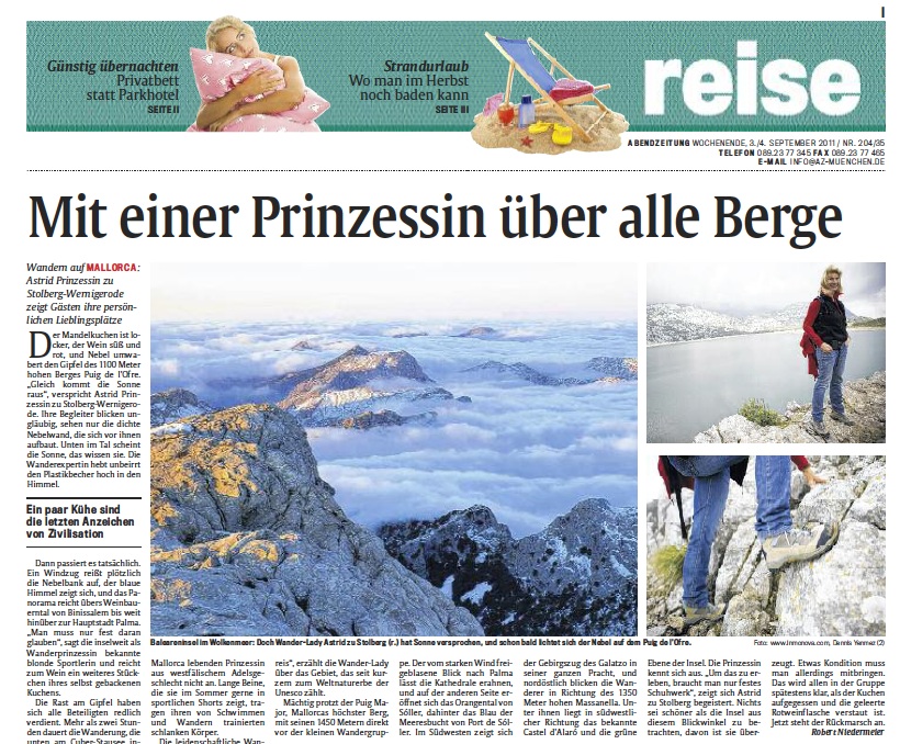 Reportage Mit Prinzessin über alle Berge in Münchner Abendzeitung, Titel des Reiseteils vom 03.09.2011