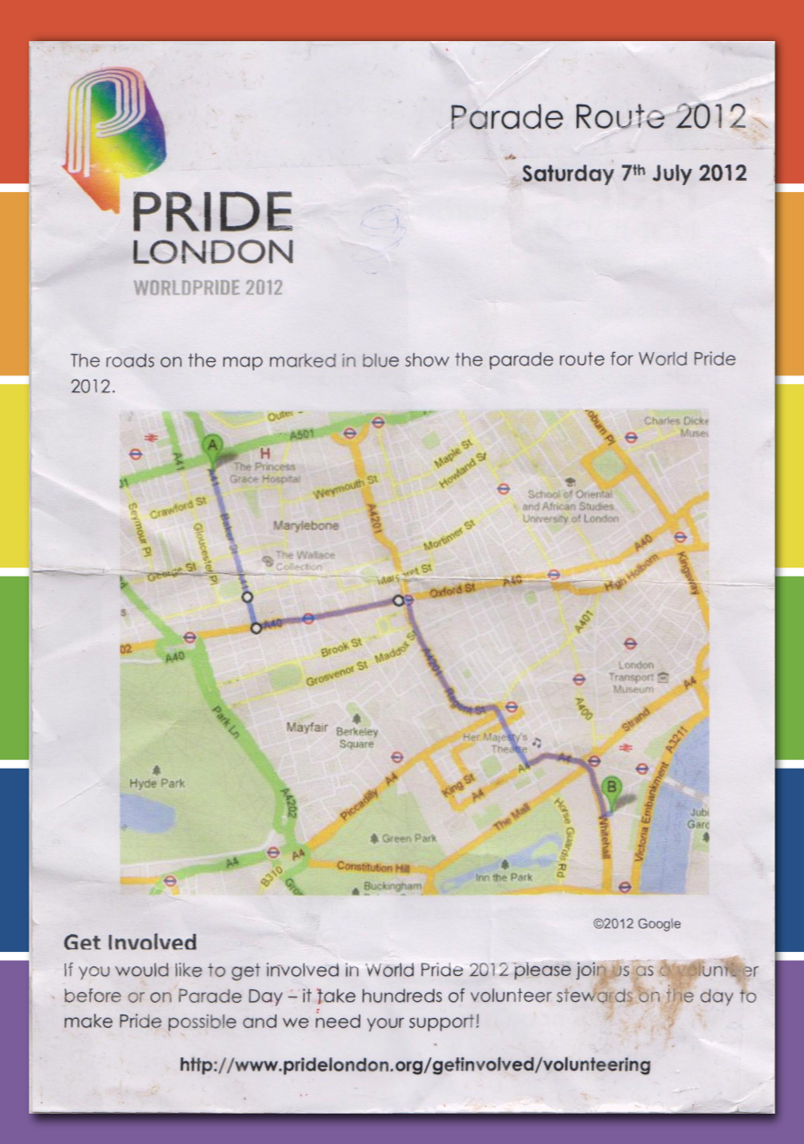 World Pride 2012: Flyer der Pride Association mit Routenverlauf durch Soho