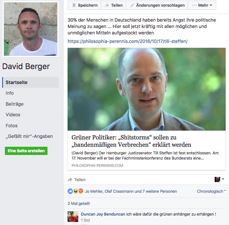 In Bergers Welt dürfen Freunde, Andersdenkende gerne erhängen, Screenshot Facebook, Dr. David berger Profil