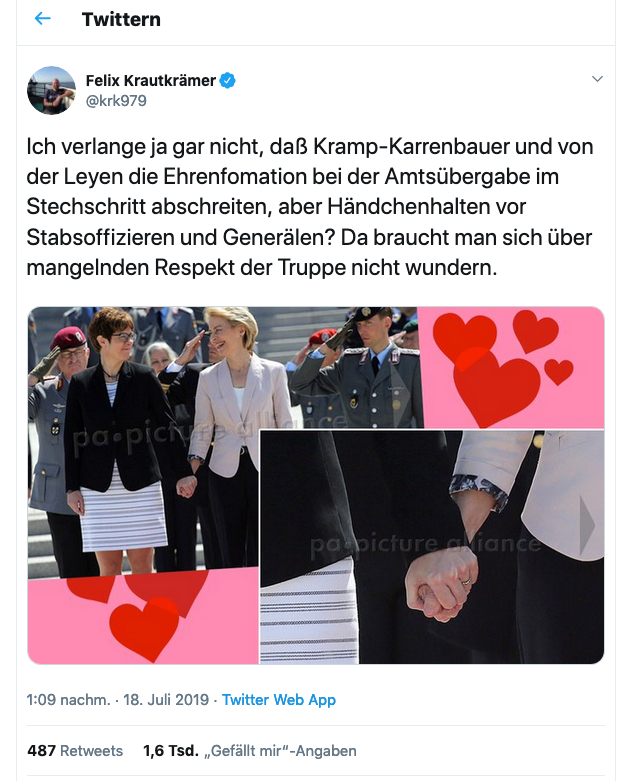 "Ich verlange ja gar nicht, daß Kramp-Karrenbauer und von der Leyen die Ehrenfomation bei der Amtsübergabe im Stechschritt abschreiten, aber Händchenhalten vor Stabsoffizieren und Generälen? Da braucht man sich über mangelnden Respekt der Truppe nicht wundern." /Felix Krautkrämer, Screenshot Twitter