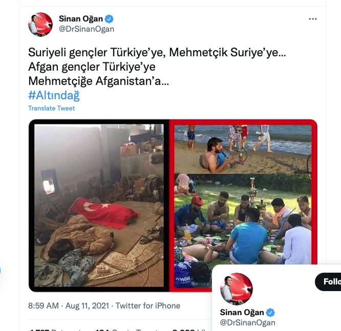 ürkischer rechtsextremer Abgeordnete Sinan Oğan hetzt auf Twitter übelst gegen Afghanen und Syrer in der Türkei: