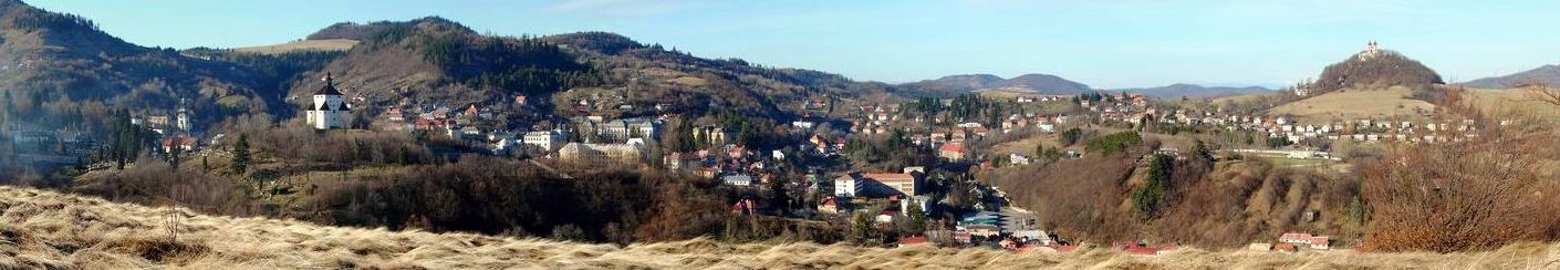 Panorama of Banská Štiavnica with Calvary hill behind.