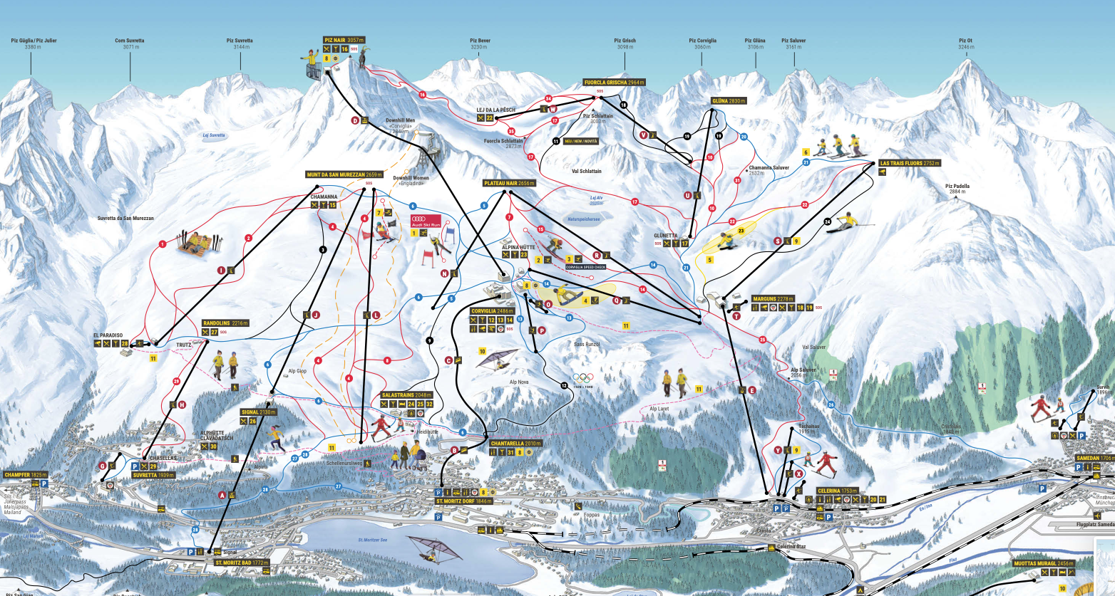 Skiplan von St. Moritz im Engerdin in der Schweiz